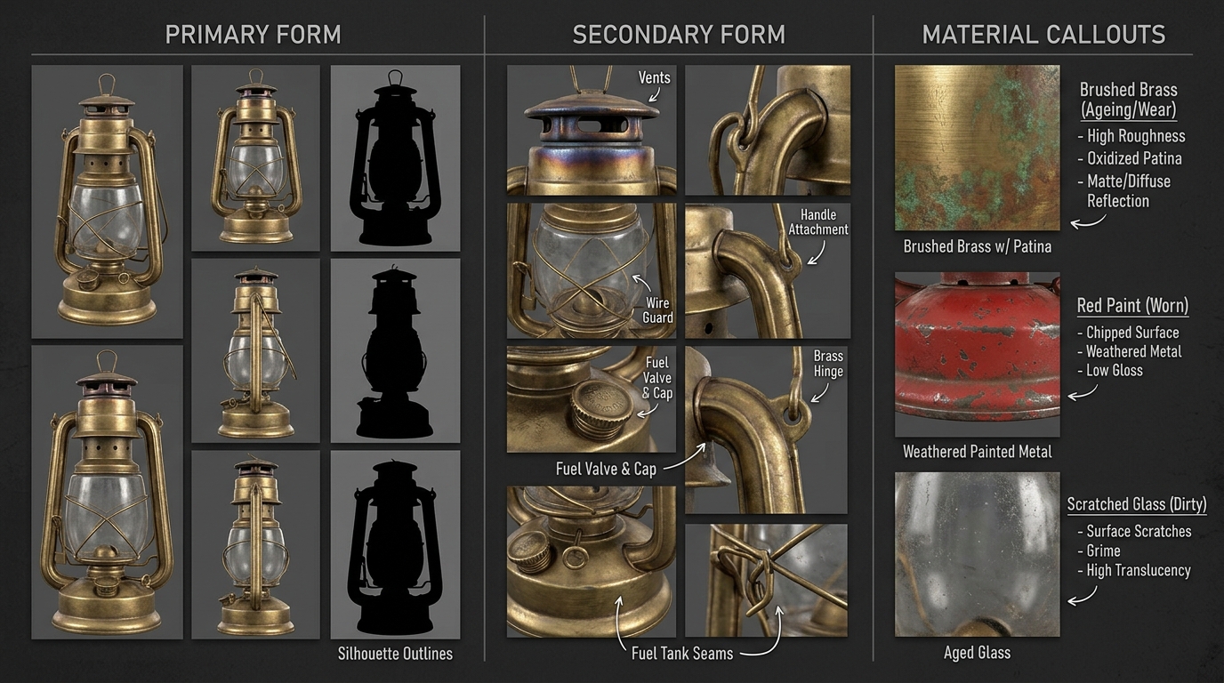 Organized reference board breakdown showing Primary Form, Secondary Form, and Material Callouts for a camping lantern